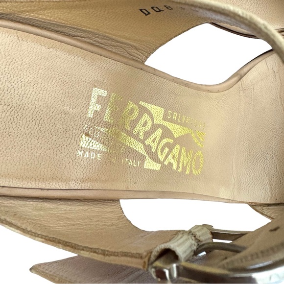 Salvatore Ferragamo Beige Signature Pattern Leather Heeled Buckle Sandal Women’s - Picture 16 of 17